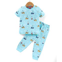 Babyhug Half Sleeves T-Shirt & Pyjama Set Yacht Print - Blue