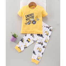 Babyhug Half Sleeves T-Shirt & Pyjama Set Construction Vehicle Print - Yellow White