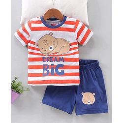 Babyhug Half Sleeves T-Shirt & Shorts Set Bear & Stripes Print - Red Blue