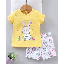 Babyhug Half Sleeves Cotton Night Suit Bunny Print - Yellow White