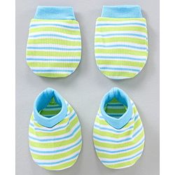 Babyhug Cotton Mittens & Booties Set Striped - Blue Green