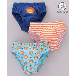 Babyhug Cotton Lion Print & Striped Briefs Pack Of 3 - Blue & Orange