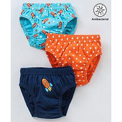 Babyhug Antibacterial Cotton Briefs Rocket And Star Print Pack Of 3 - Blue Orange
