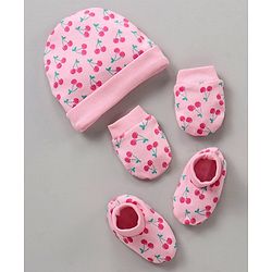 Babyhug 100% Cotton Cap Mittens & Booties Set Cherry Print Pink - Diameter 12 cm