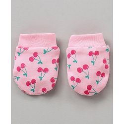 Babyhug 100% Cotton Cap Mittens & Booties Set Cherry Print Pink - Diameter 12 cm