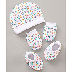 Babyhug 100% Cotton Cap Mitten & Booties Set Floral Print - White