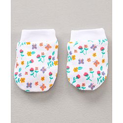Babyhug 100% Cotton Cap Mitten & Booties Set Floral Print - White