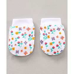 Babyhug 100% Cotton Cap Mitten & Booties Set Floral Print - White