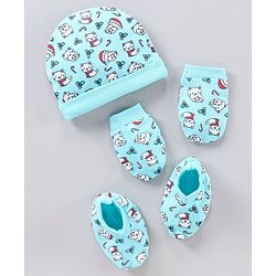 Babyhug 100% Cotton Cap Mitten & Booties set Blue - Diameter 12 cm