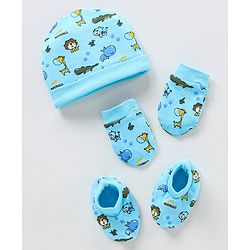 Babyhug 100% Cotton Printed Cap Mittens & Booties Set - Blue