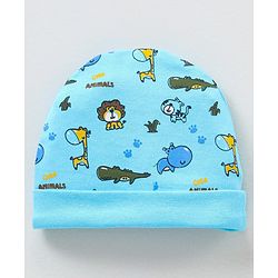 Babyhug 100% Cotton Printed Cap Mittens & Booties Set - Blue