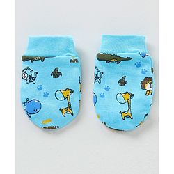 Babyhug 100% Cotton Printed Cap Mittens & Booties Set - Blue