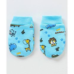 Babyhug 100% Cotton Printed Cap Mittens & Booties Set - Blue