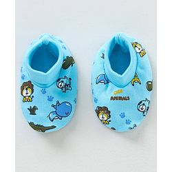 Babyhug 100% Cotton Printed Cap Mittens & Booties Set - Blue