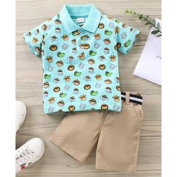 Babyhug Half Sleeves Tshirt And Bottomwear Set Animal Print - Blue AOP Beige
