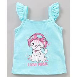 Babyhug Flutter Sleeves Top Kitty Print - Light Blue