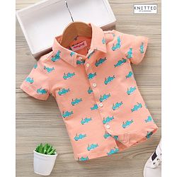 Babyhug Half Sleeves Knitted Shirt Shark Print - Orange