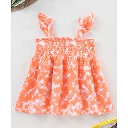 Babyhug Singlet Sleeves Top with Smocking and Frill Detailing - Orange
