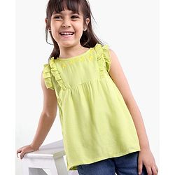 Babyhug Sleeveless Cotton Top with Lace Detailing and Floral Embroidery - Light Green