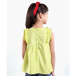 Babyhug Sleeveless Cotton Top with Lace Detailing and Floral Embroidery - Light Green