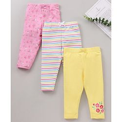 Babyhug Cotton Lycra Full Length Leggings Printed & Stripes Pack of 3 - Yellow Pink Green