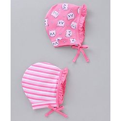 Babyhug 100% Cotton Caps With Knot Stripe & Kitty Face Prints Pack Of 2 Pink - Diameter 6.5 cm