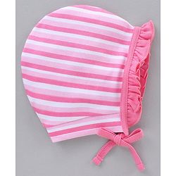 Babyhug 100% Cotton Caps With Knot Stripe & Kitty Face Prints Pack Of 2 Pink - Diameter 6.5 cm