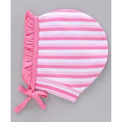 Babyhug 100% Cotton Caps With Knot Stripe & Kitty Face Prints Pack Of 2 Pink - Diameter 6.5 cm
