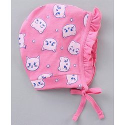Babyhug 100% Cotton Caps With Knot Stripe & Kitty Face Prints Pack Of 2 Pink - Diameter 6.5 cm