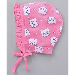 Babyhug 100% Cotton Caps With Knot Stripe & Kitty Face Prints Pack Of 2 Pink - Diameter 6.5 cm