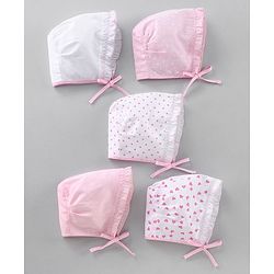 Babyhug Cotton Solid & Polka Dots Printed Caps With Knot Pack Of 5 White Pink - Diameter 10 cm