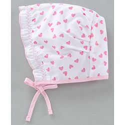 Babyhug Cotton Solid & Polka Dots Printed Caps With Knot Pack Of 5 White Pink - Diameter 10 cm