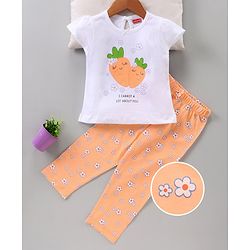 Babyhug Cap Sleeves Night Suit Carrot Print - White Peach
