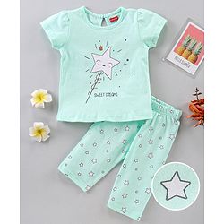 Babyhug Half Sleeves Capri Length Cotton Night Suit Star Print - Blue