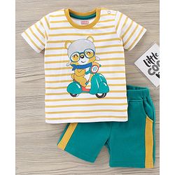 Babyhug Half Sleeve Striped T-Shirt And Knee Length Shorts Bear Print - Yellow Blue