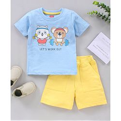 Babyhug Half Sleeves T Shirt with Shorts Bear Print - Blue Yellow