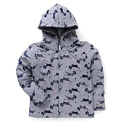Babyhug Full Sleeves Hooded Sweatjacket With Puppy Print - Grey