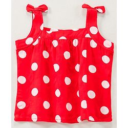 Babyhug Singlet Sleeves Top Polka Dot Print With Bow - Red White