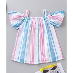 Babyhug Cold Shoulder Sleeves Front Open Cotton Lurex Stripes Woven Top - Multicolor