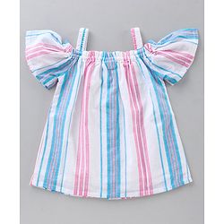 Babyhug Cold Shoulder Sleeves Front Open Cotton Lurex Stripes Woven Top - Multicolor