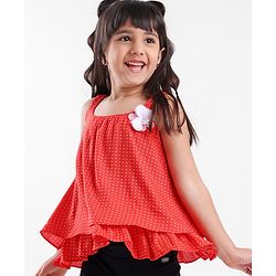 Babyhug Singlet Sleeve Top With Corsage Applique Polka Dots Print - Red