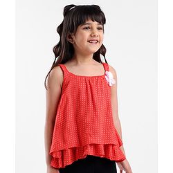 Babyhug Singlet Sleeve Top With Corsage Applique Polka Dots Print - Red