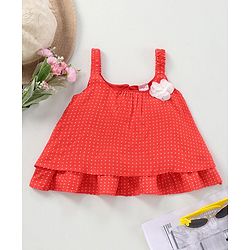 Babyhug Singlet Sleeve Top With Corsage Applique Polka Dots Print - Red