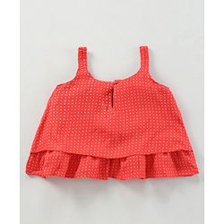 Babyhug Singlet Sleeve Top With Corsage Applique Polka Dots Print - Red