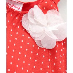 Babyhug Singlet Sleeve Top With Corsage Applique Polka Dots Print - Red