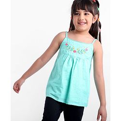 Babyhug Swiss Dot Singlet Top with Floral Embroidery & Lace Detailing - Aqua Blue
