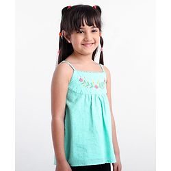 Babyhug Swiss Dot Singlet Top with Floral Embroidery & Lace Detailing - Aqua Blue