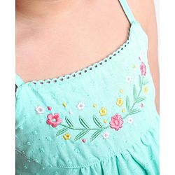 Babyhug Swiss Dot Singlet Top with Floral Embroidery & Lace Detailing - Aqua Blue