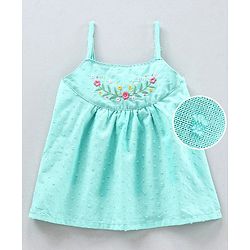 Babyhug Swiss Dot Singlet Top with Floral Embroidery & Lace Detailing - Aqua Blue