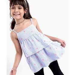 Babyhug Singlet Sleeves Striped Top With Embroidery- Blue